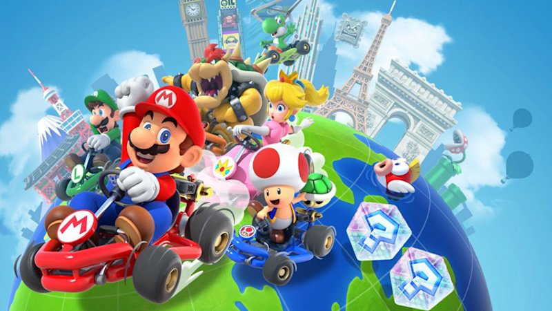 Mario Kart Tour with all the characters on go carts around the world