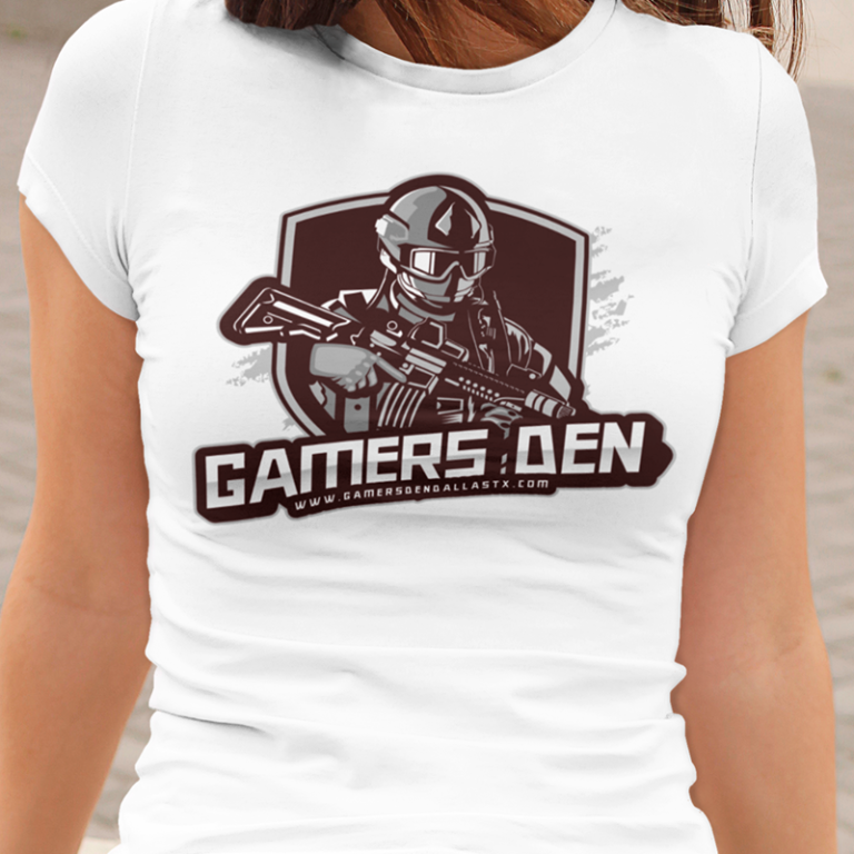 White t-shirt with gamers den logo for lady